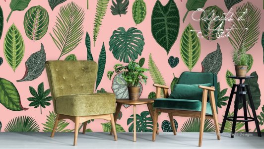 Plants on Pink Wallpaper and Fabric
