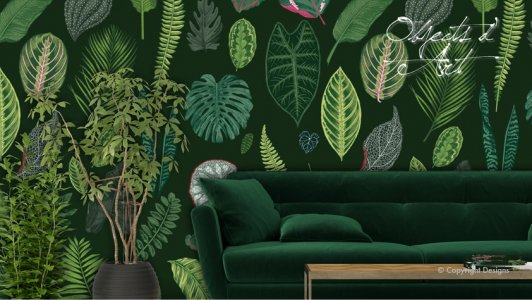 Plants on Green Wallpaper and Fabric
